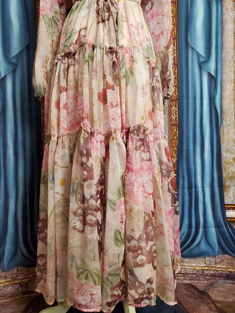 フリー【新品インポートセレクト】花柄シフォンティアードワンピースピンク