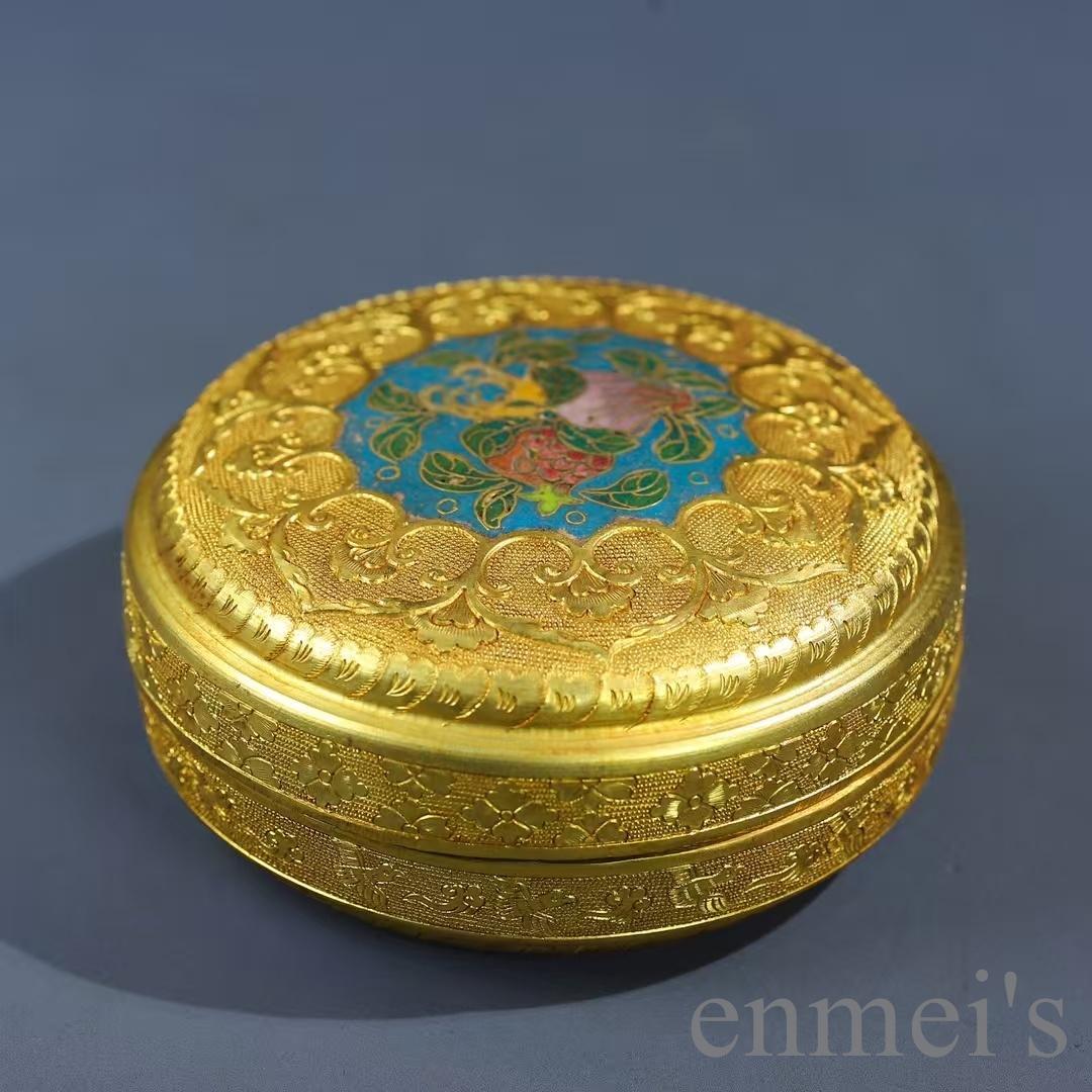 中国古美術 鍍金 純銅製 首飾箱 鏨刻工芸 掐絲七宝 小物入 観賞用 細密細工