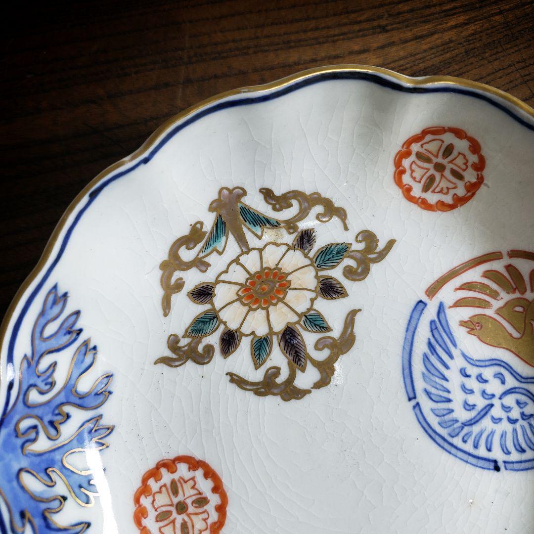 皿 色絵 金彩 牡丹唐草 鶴丸文 二重角富 宝尽くし 桐文花弁縁 古伊万里 イ号