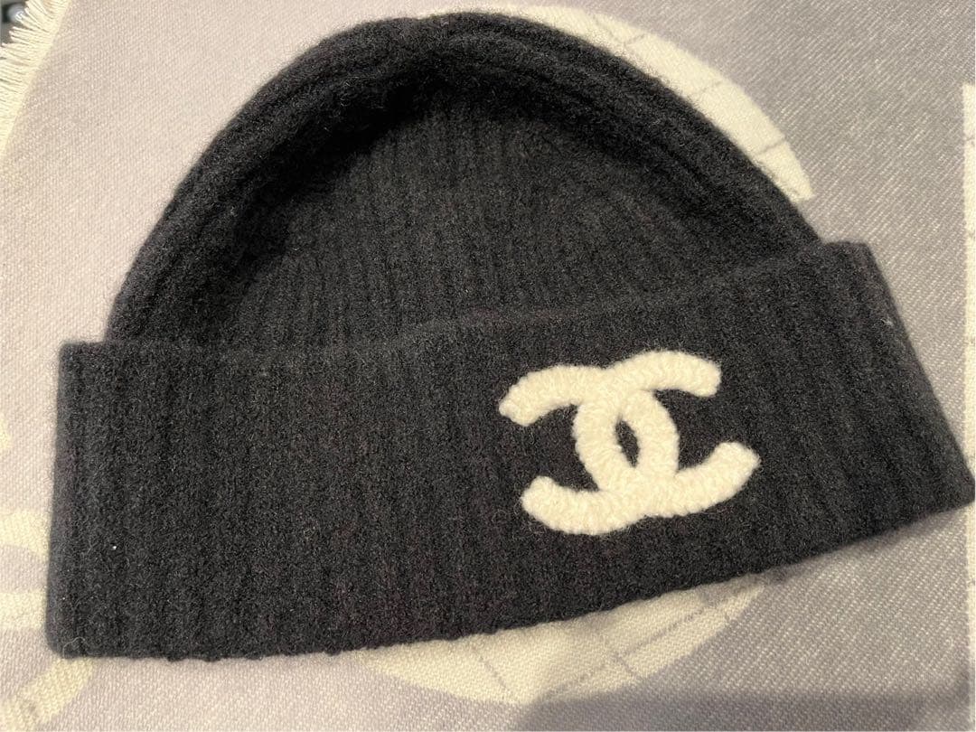 正規 CHANEL 24秋冬限定 ロゴ ニット帽 ウール 黒 24K ニット帽
