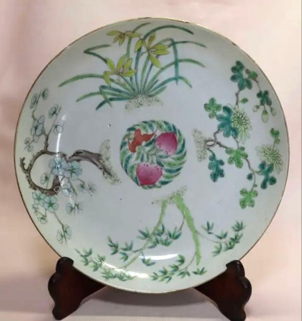 中国　清朝期　粉彩四君子鑑賞大皿①　アンティーク　送料込み0621