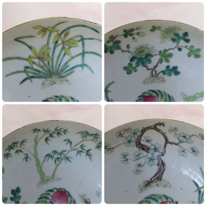 中国　清朝期　粉彩四君子鑑賞大皿①　アンティーク　送料込み0621
