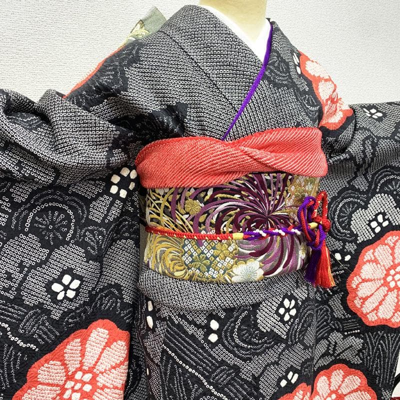 406z50.211y22.小物類☆振袖 総絞り 黒 成人式 結婚式 十三参り