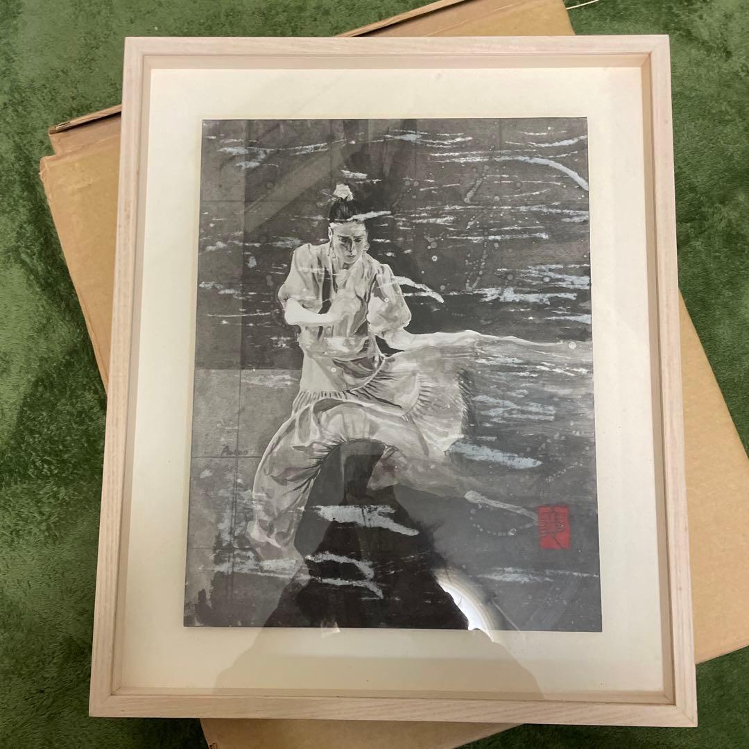 水墨画 人物の動き 木製フレーム付き