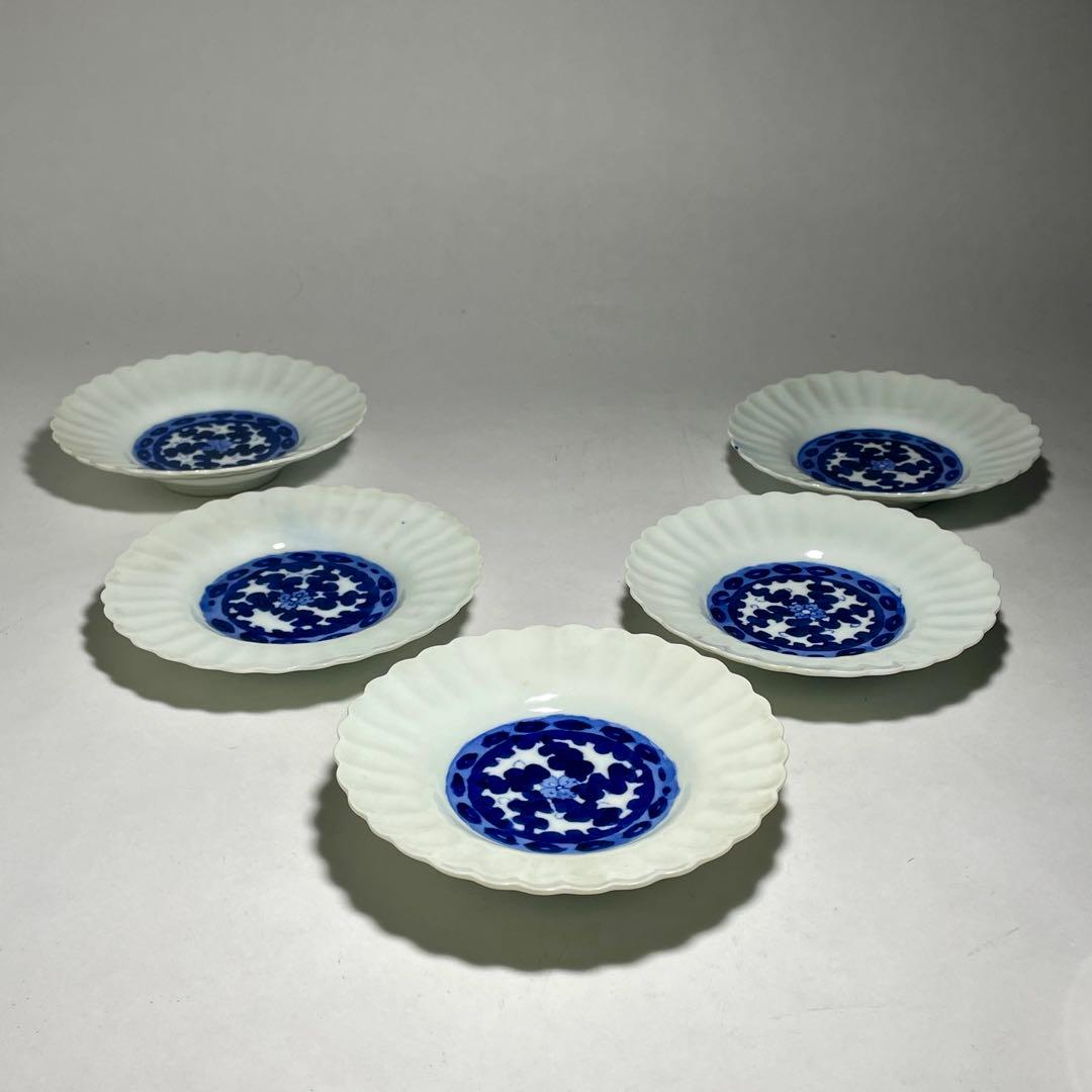 ◆染付菊形輪花皿5枚 花文 中皿 旧家蔵出し品 美品 江戸幕末期〜明治初期◆