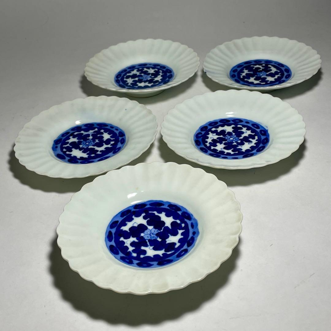 ◆染付菊形輪花皿5枚 花文 中皿 旧家蔵出し品 美品 江戸幕末期〜明治初期◆