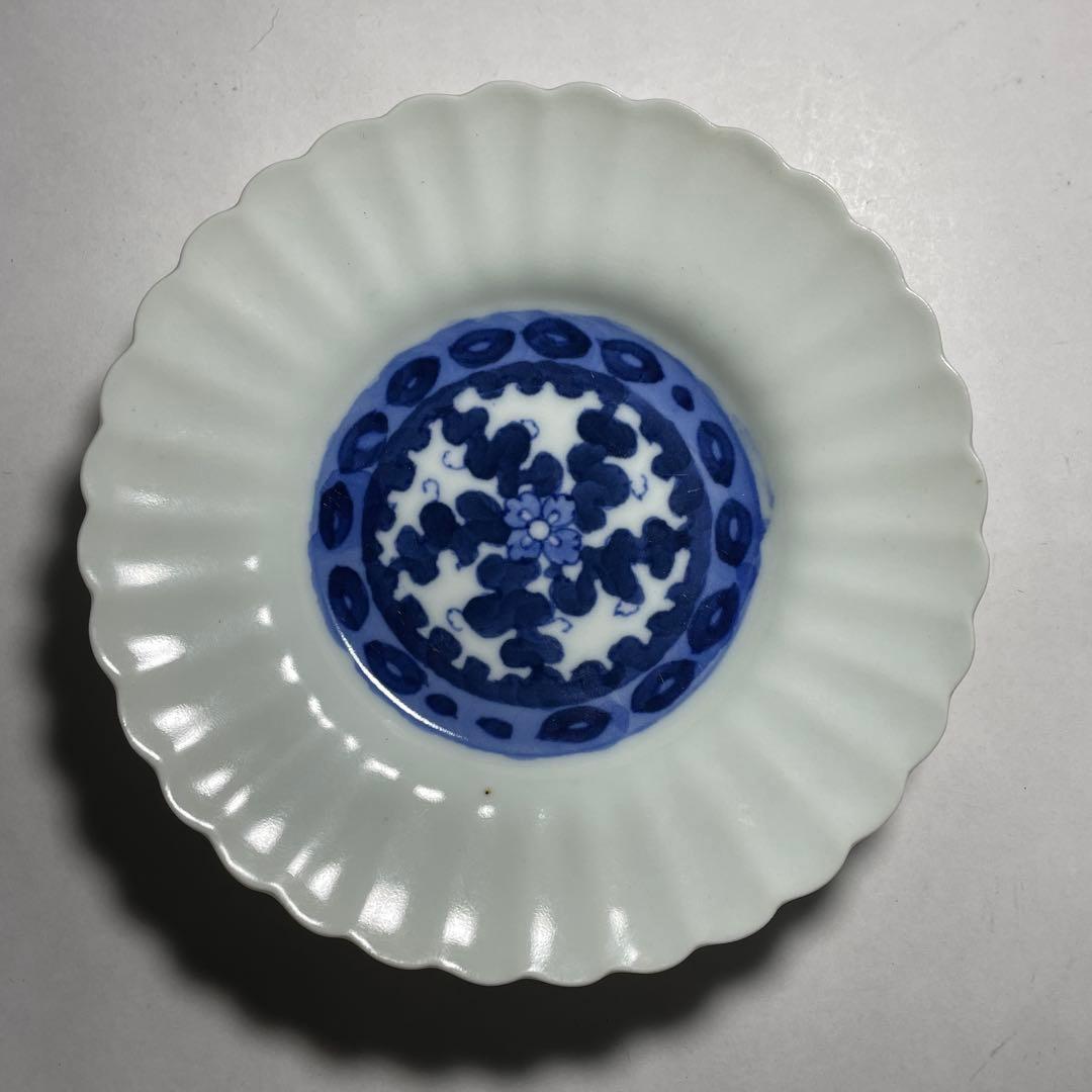 ◆染付菊形輪花皿5枚 花文 中皿 旧家蔵出し品 美品 江戸幕末期〜明治初期◆