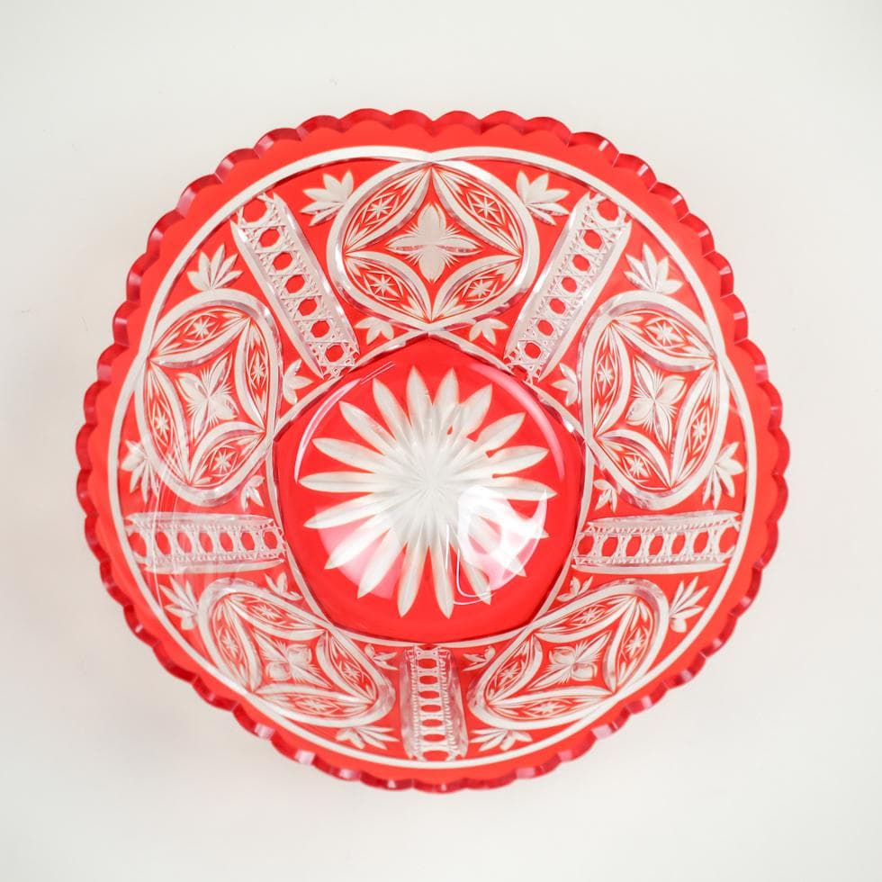 ボヘミアガラス 朱色 ボウル 32cm 花生け