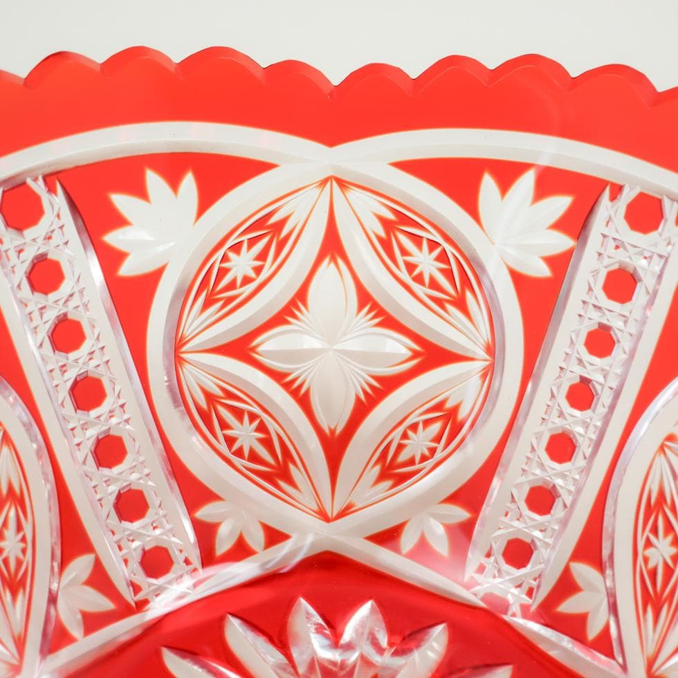 ボヘミアガラス 朱色 ボウル 32cm 花生け