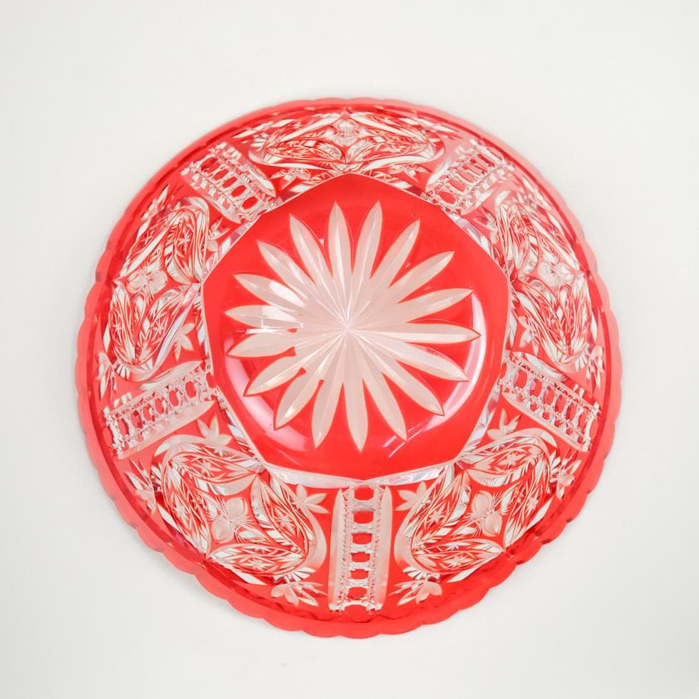 ボヘミアガラス 朱色 ボウル 32cm 花生け