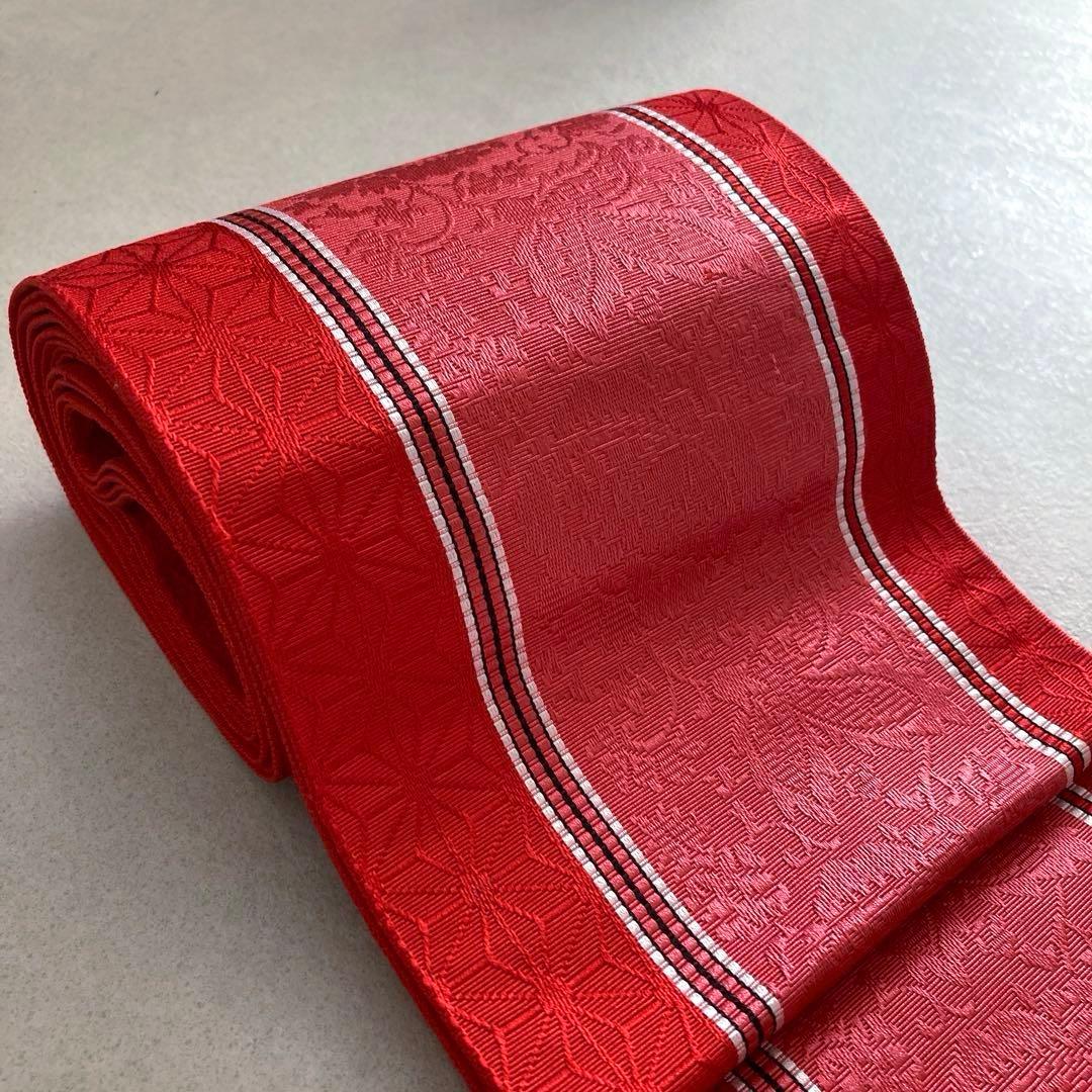 未使用　本場筑前博多織　半幅帯　織り出し縞模様・花模様　正絹　No.2-22