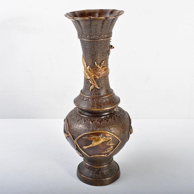 中国　乾隆年製　古銅鍍金　龍鳥文瓶　M　R4597