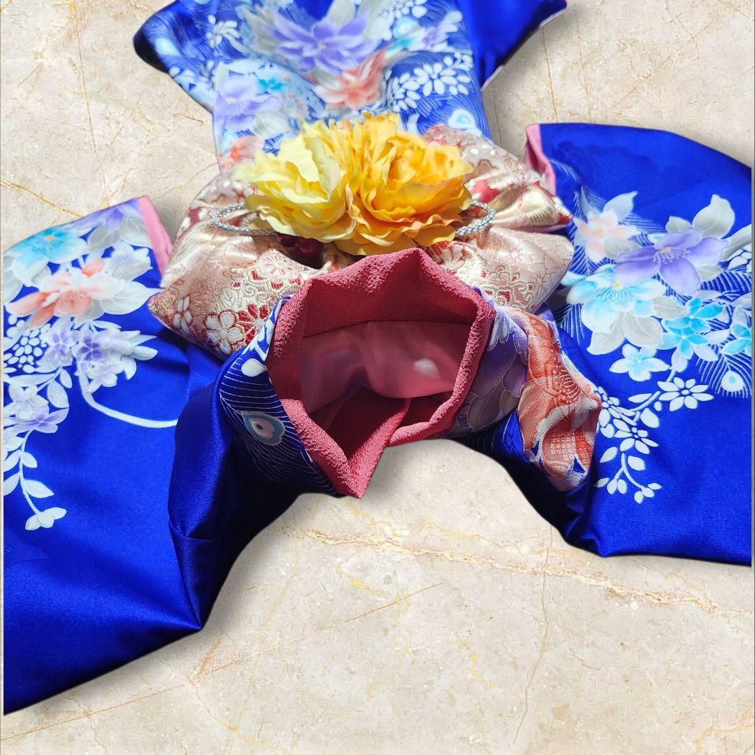 犬服　ブルー　振り袖　着物　引きずり　ハンドメイド