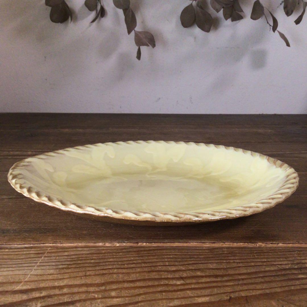 No3842 船木伸児　淡黄釉楕円鉢　共箱　布志名舩木窯　島根県　民藝　送料無料