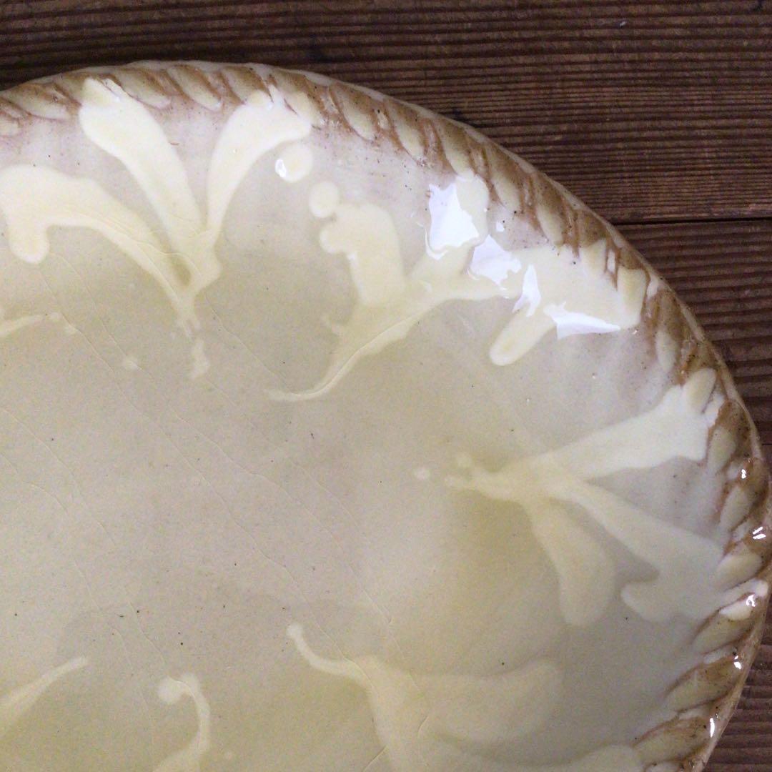 No3842 船木伸児　淡黄釉楕円鉢　共箱　布志名舩木窯　島根県　民藝　送料無料