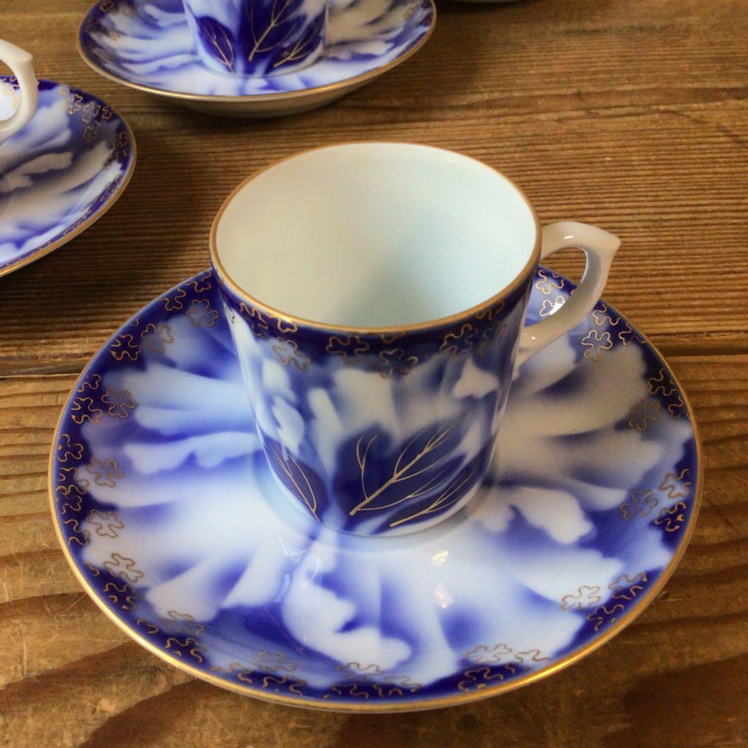 No4397 深川製　珈琲碗皿揃　牡丹金ミル　6客　共箱　有田焼　送料無料