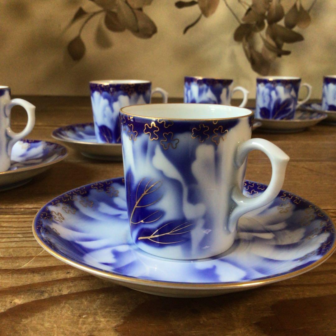 No4397 深川製　珈琲碗皿揃　牡丹金ミル　6客　共箱　有田焼　送料無料