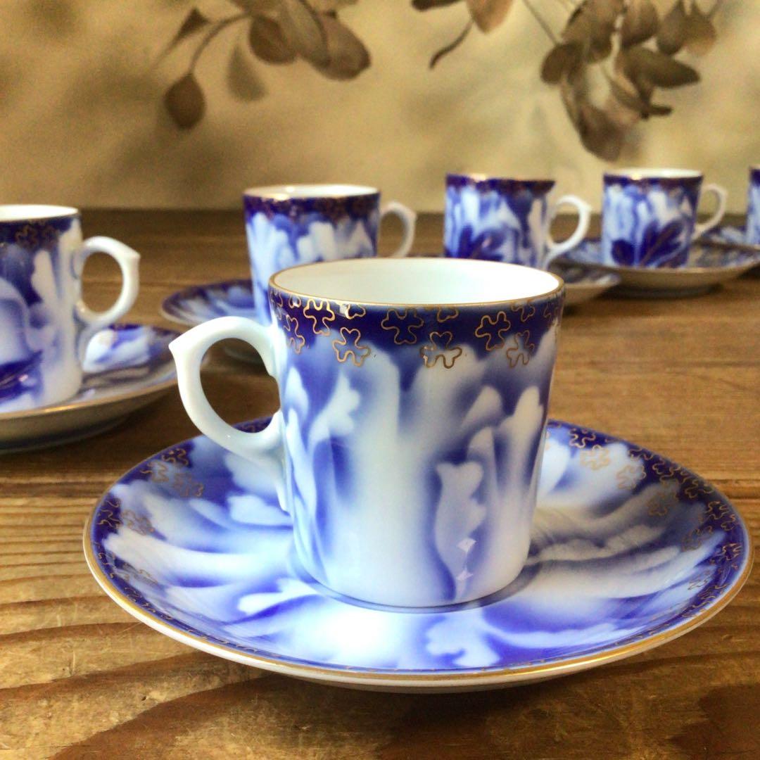 No4397 深川製　珈琲碗皿揃　牡丹金ミル　6客　共箱　有田焼　送料無料