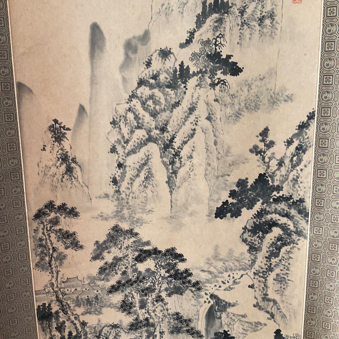 中国画 紙本水墨山水図 落款印譜在 作者不詳 軸先木細工