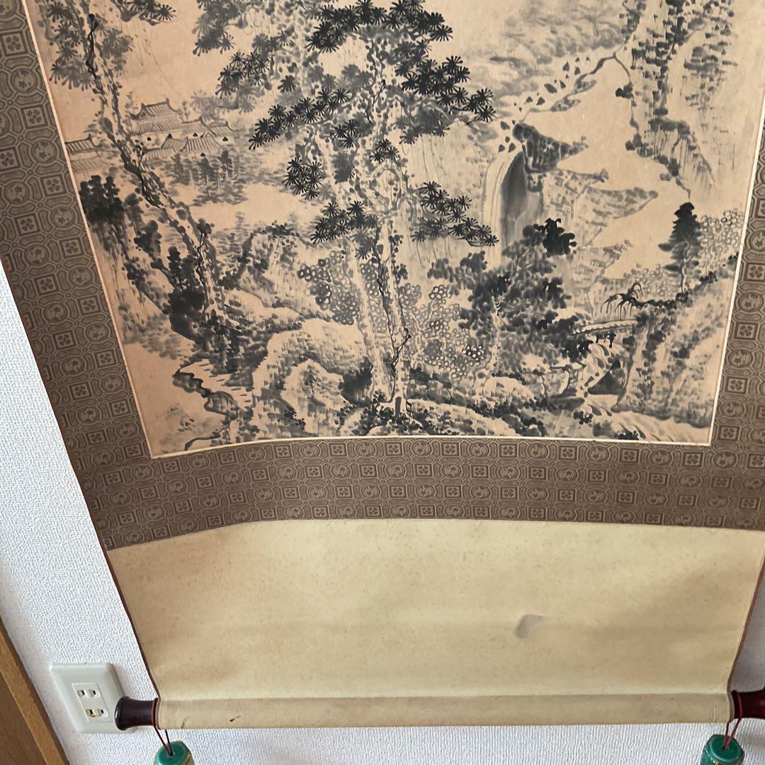 中国画 紙本水墨山水図 落款印譜在 作者不詳 軸先木細工