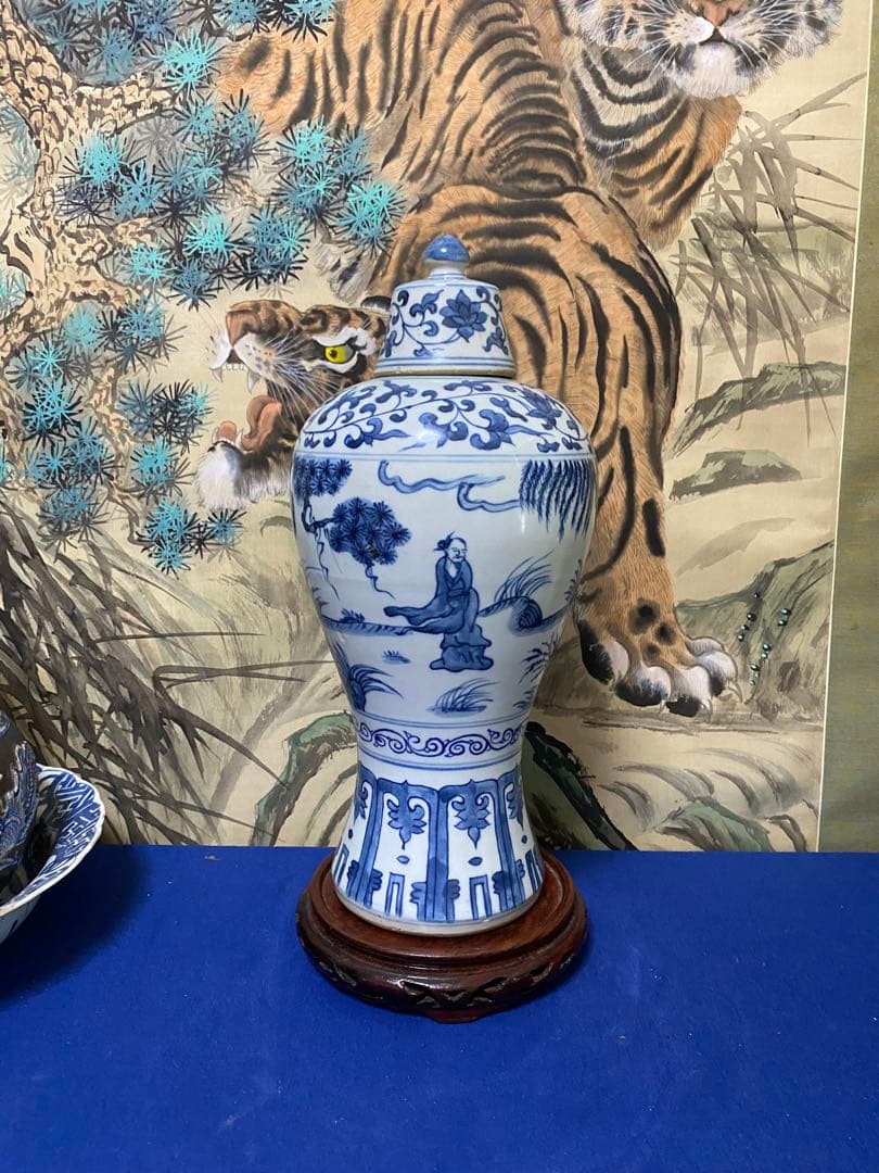 清時代　青花梅瓶　蓋付　中国美術　骨董品