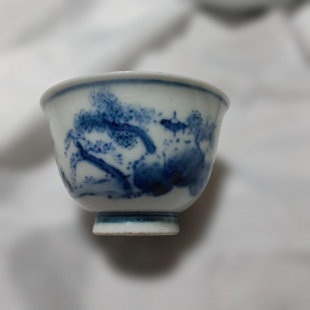 青い絵柄の白磁茶碗有田焼古伊万里染付 猪口