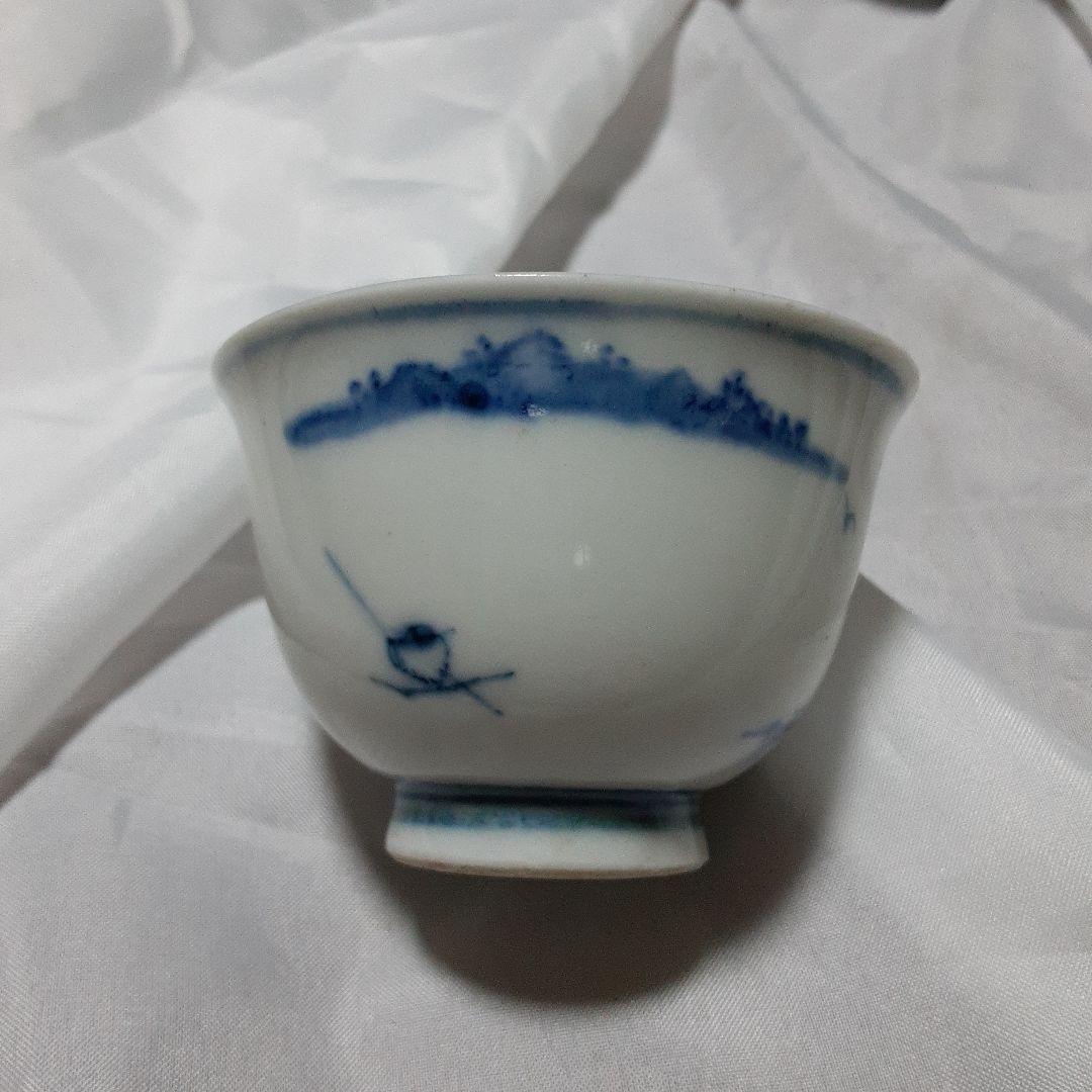 青い絵柄の白磁茶碗有田焼古伊万里染付 猪口