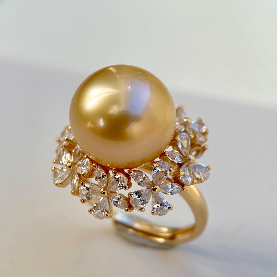 本真珠南洋白蝶真珠　茶金12.9㍉花モチーフs925リングY1018