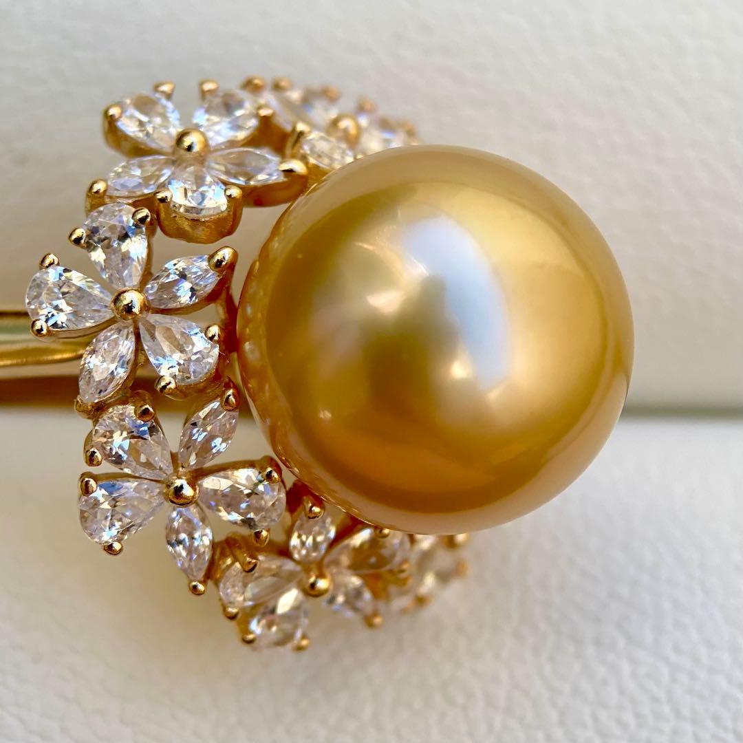 本真珠南洋白蝶真珠　茶金12.9㍉花モチーフs925リングY1018