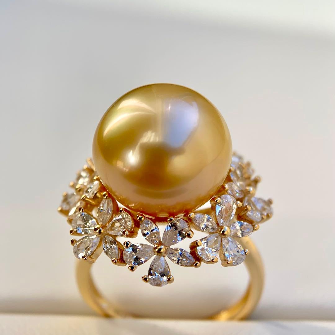本真珠南洋白蝶真珠　茶金12.9㍉花モチーフs925リングY1018