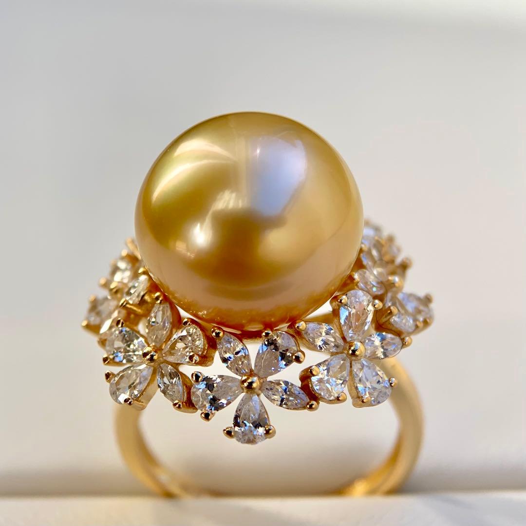 本真珠南洋白蝶真珠　茶金12.9㍉花モチーフs925リングY1018