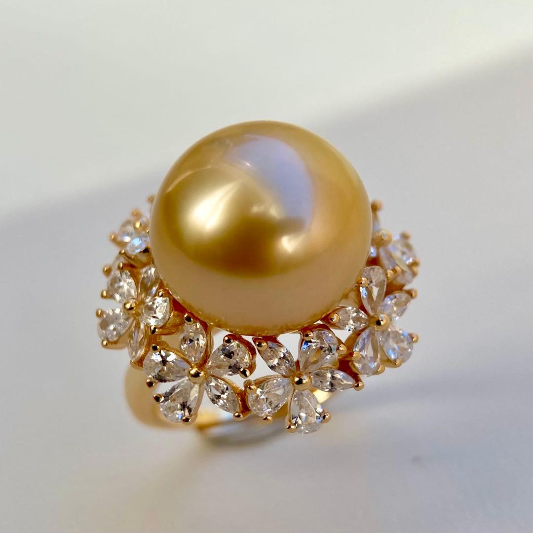 本真珠南洋白蝶真珠　茶金12.9㍉花モチーフs925リングY1018