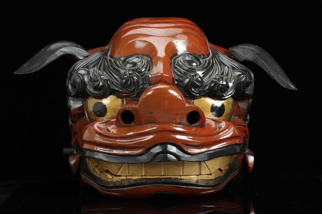 時代物 木彫獅子頭 朱漆金彩 幅60cm 獅子舞 神楽面 魔除 縁起物 骨董品