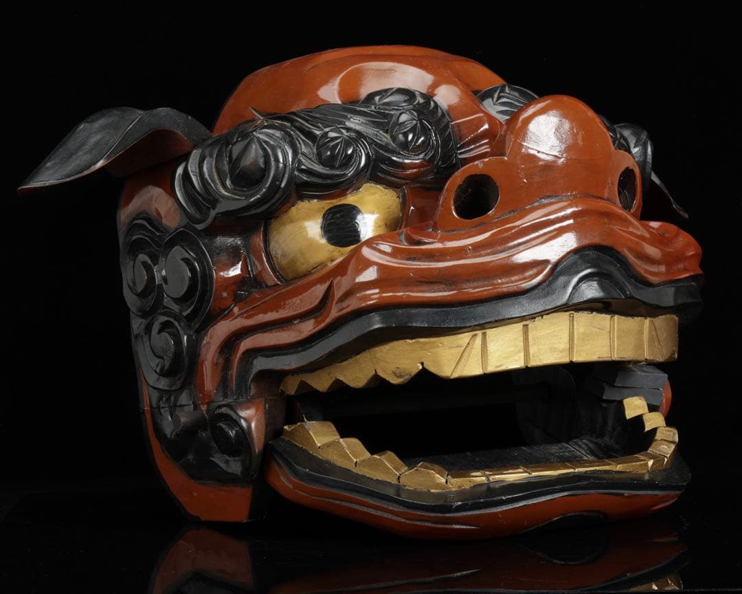 時代物 木彫獅子頭 朱漆金彩 幅60cm 獅子舞 神楽面 魔除 縁起物 骨董品