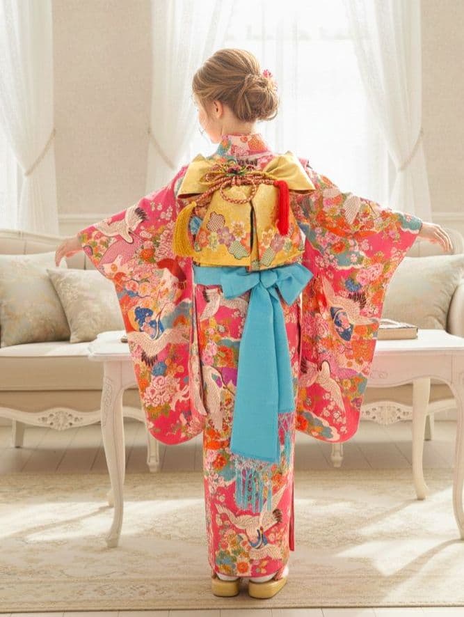 アンティークピンクに飛翔鶴の着物と作り帯☆七五三フルセット