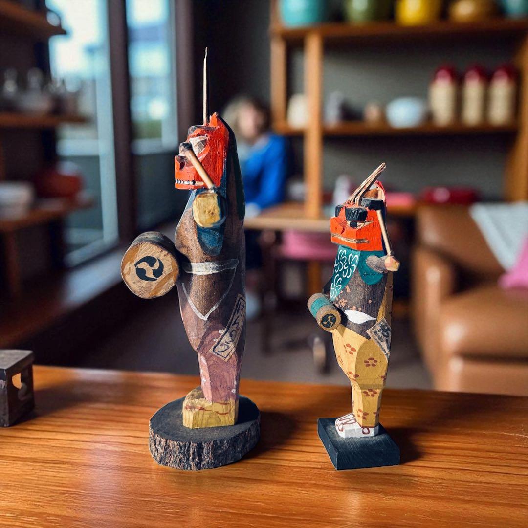 廃絶品 埼玉県飯能市 郷土玩具 大河原宏彰 丸木彫人形《獅子舞》 ×2 美楽堂