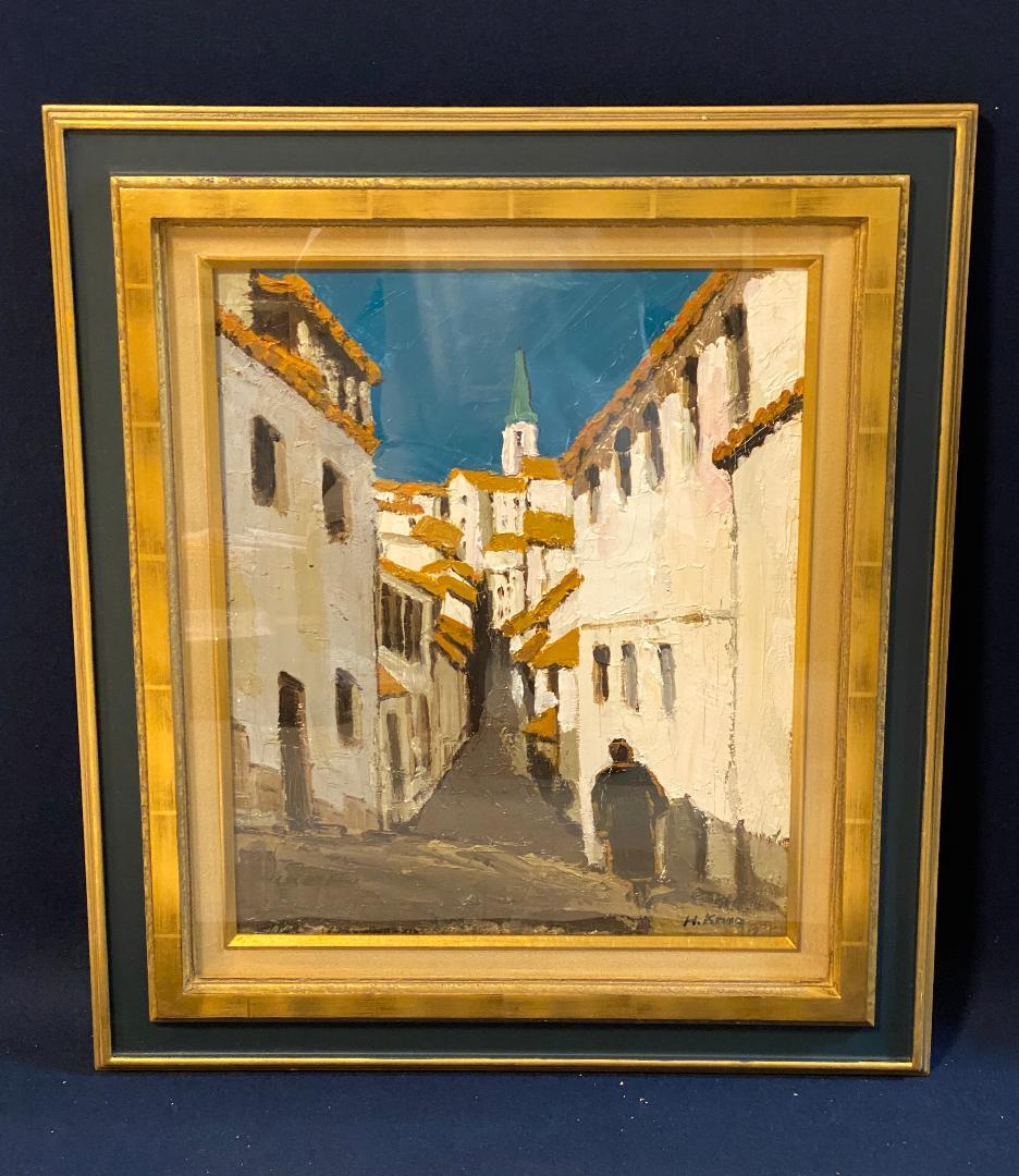 「真作」加納秀雄「ロハの裏町」風景画　油彩画　額装　サイン有り　F8号