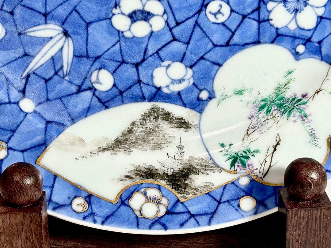 明治京焼の先駆者 幹山伝七 染錦梅花氷裂文八寸皿 湖東焼 京焼 清水焼