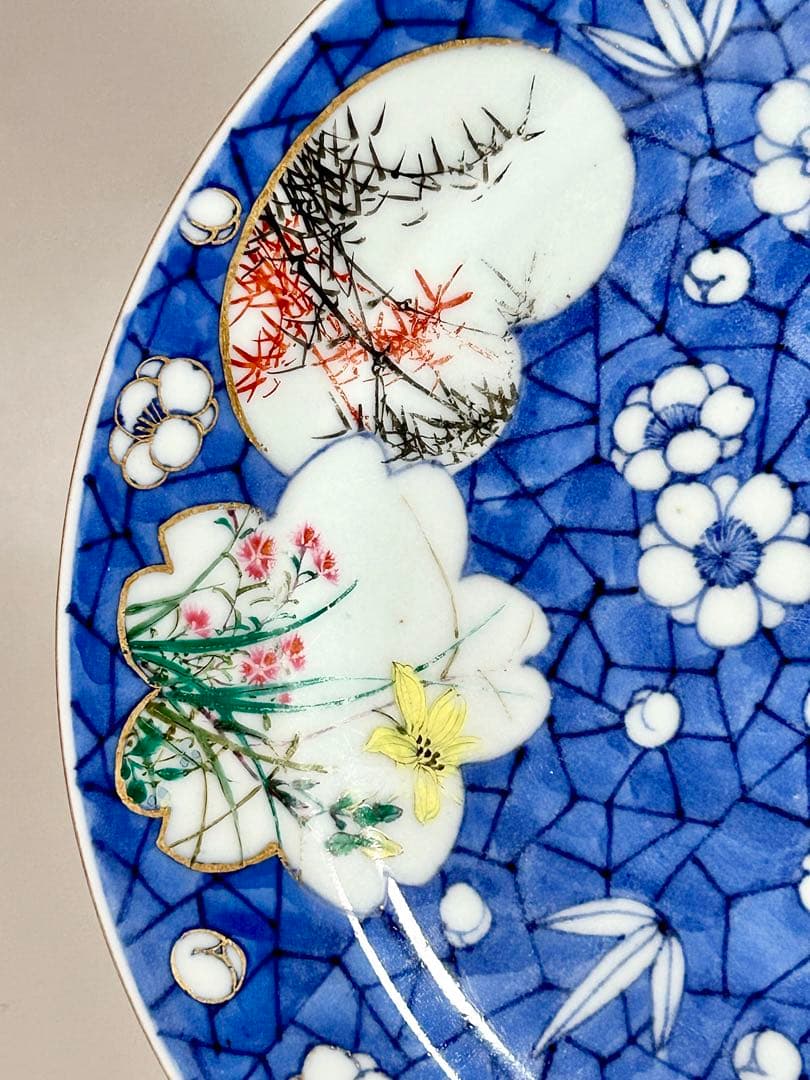 明治京焼の先駆者 幹山伝七 染錦梅花氷裂文八寸皿 湖東焼 京焼 清水焼