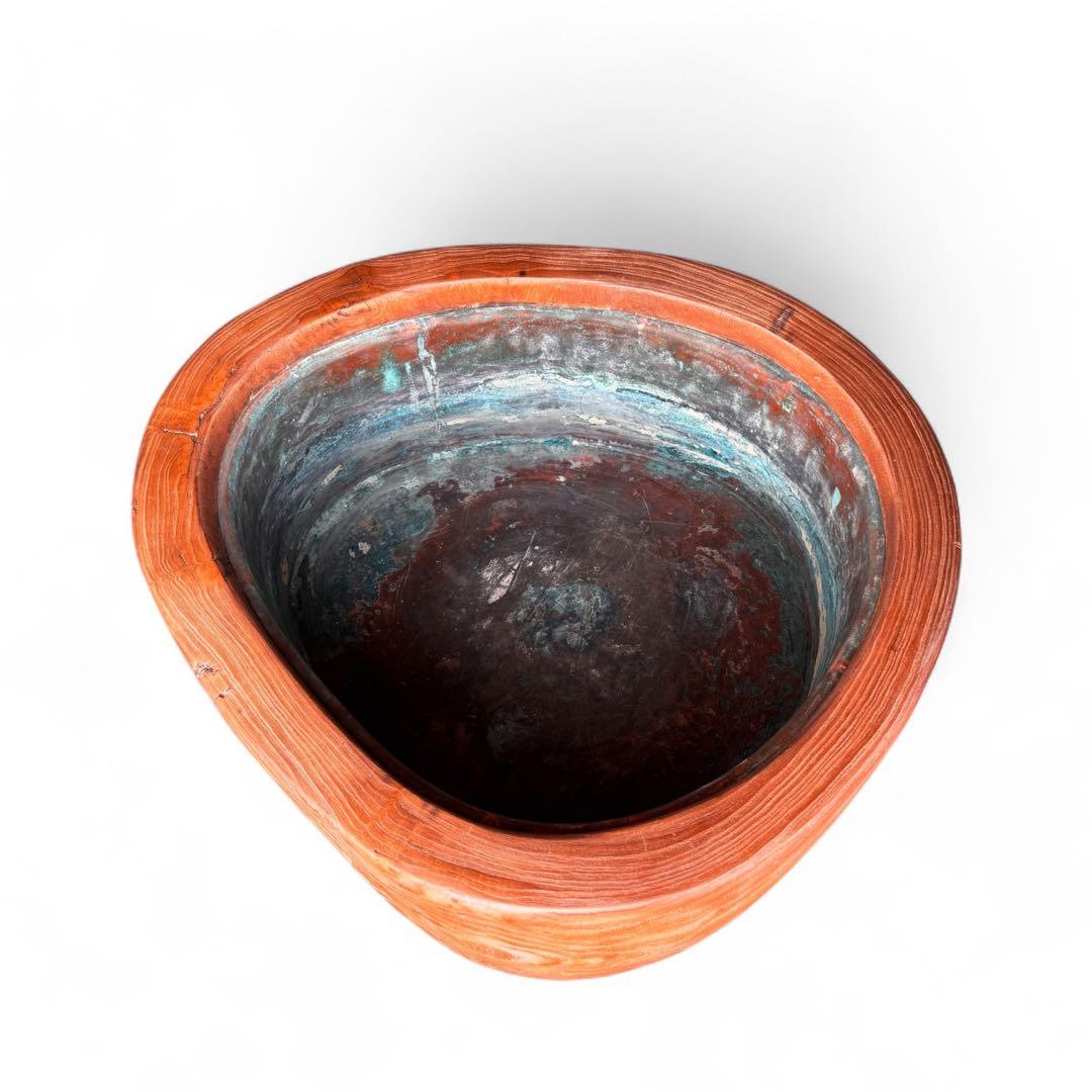 《美しい木肌》希少 美品 桐丸太 切り株 くり抜き火鉢 銅板落とし