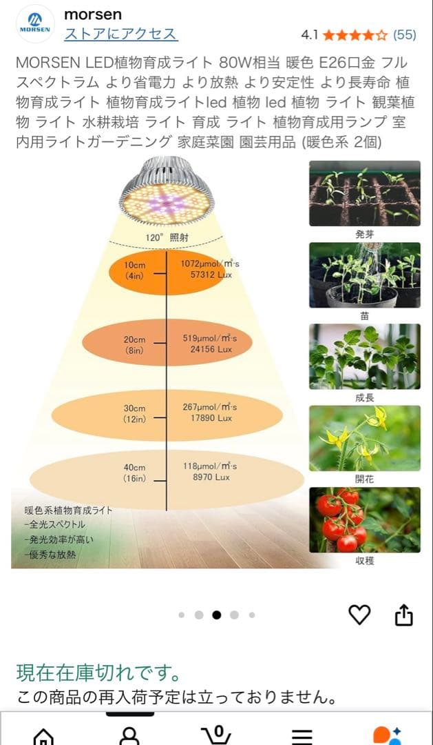 MORSEN LED植物育成ライト 80W相当 暖色 E26口金