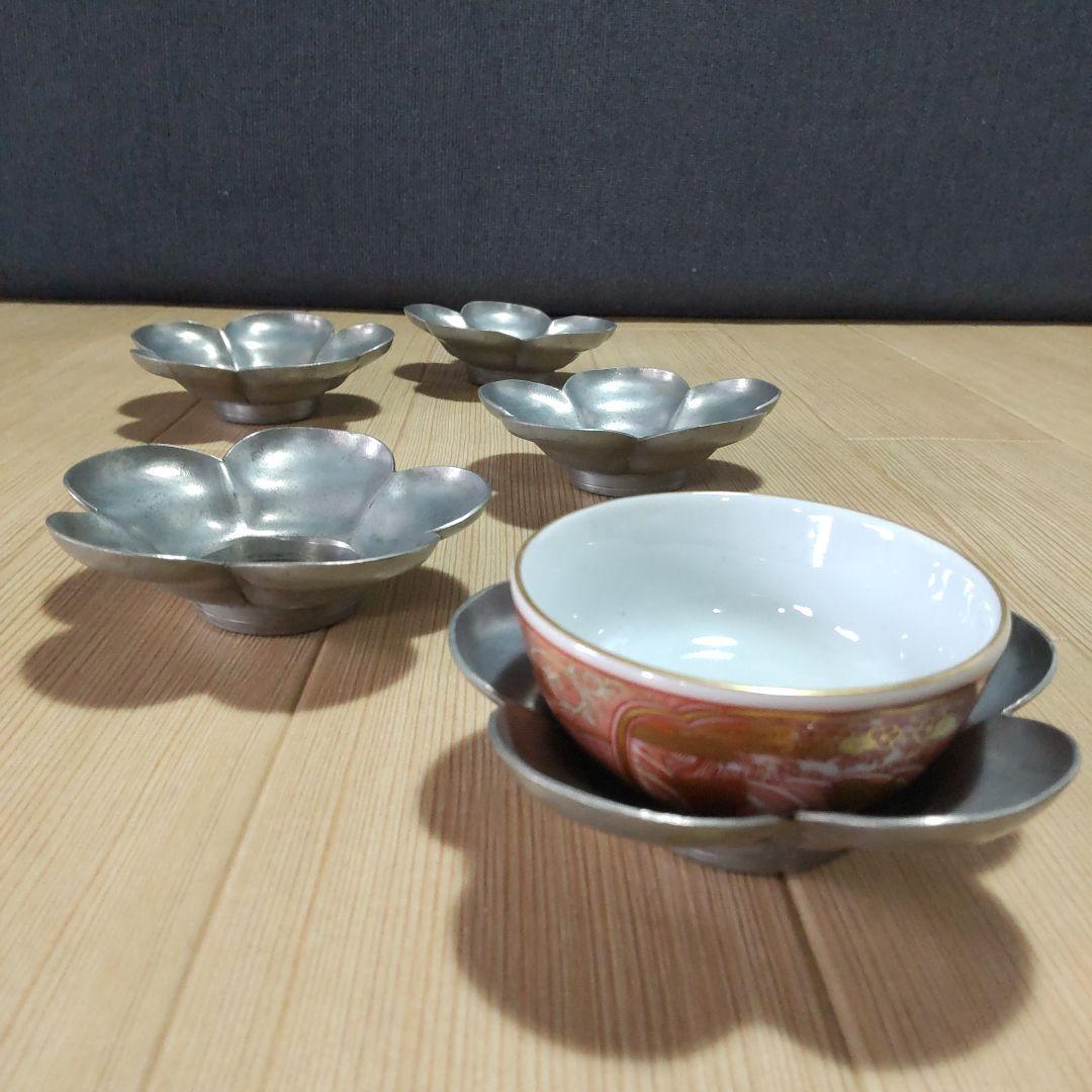 古錫 大型茶托 龍閣陳永高老店 唐物 梅型 ５客 古美術