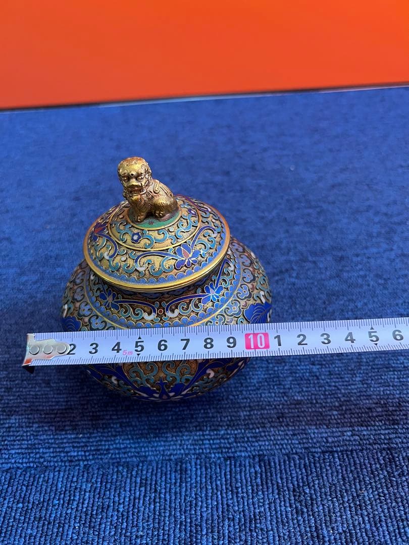 842 中国　景泰藍　古七宝琺瑯彩　花文　獅子摘蓋物　1対