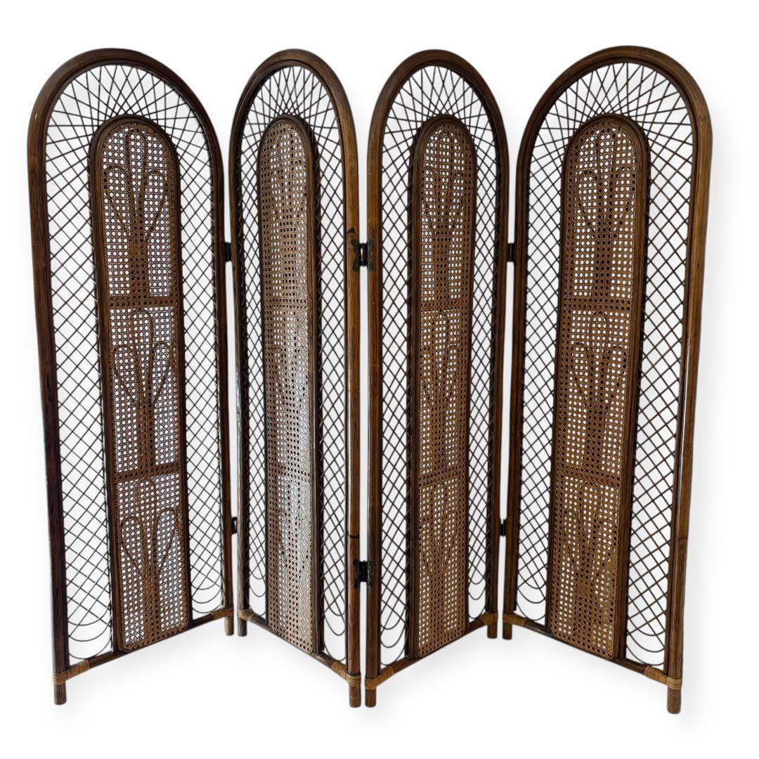 ラタン パーテーション 籐家具 衝立 4連 昭和レトロ アンティーク 高さ137