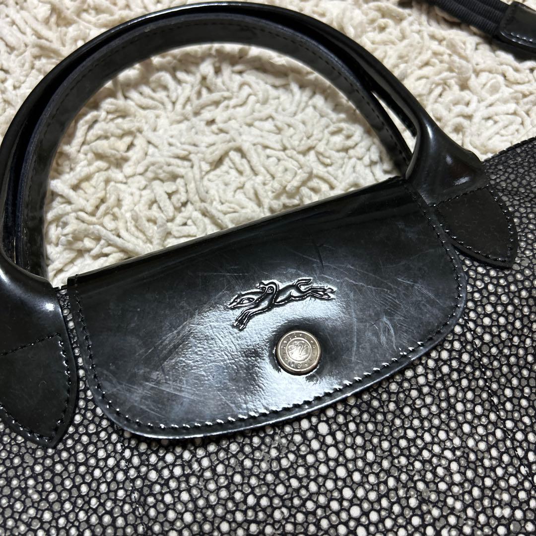 ロンシャンブラック ナイロン レザー ショルダーバッグ