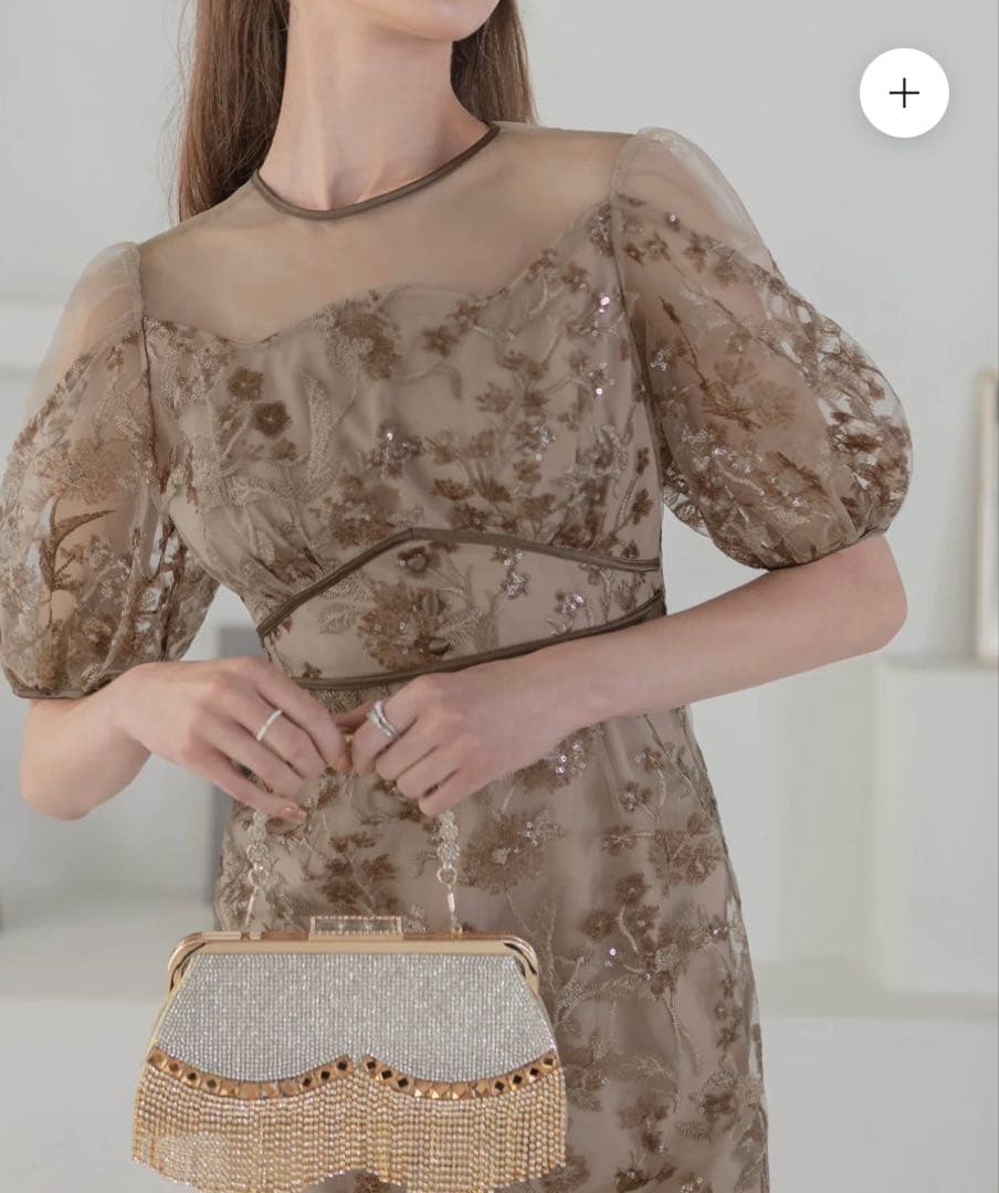 フラワーディテールパフスリーブ｜ラインワンピースドレス結婚式二次会成人式