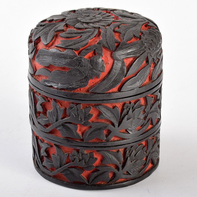 中国　堆朱　堆黒　内七宝 　花文　重香合　M　R5962