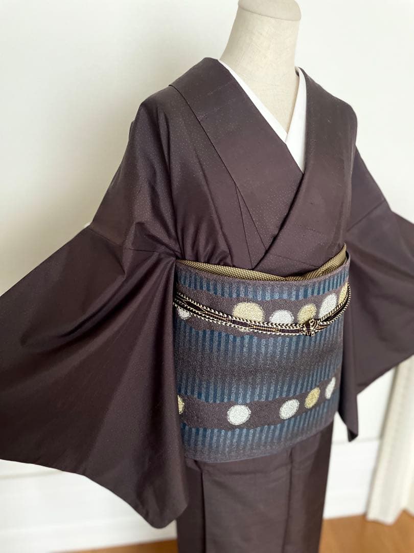 深茶ドット牛首紬 正絹小紋着物