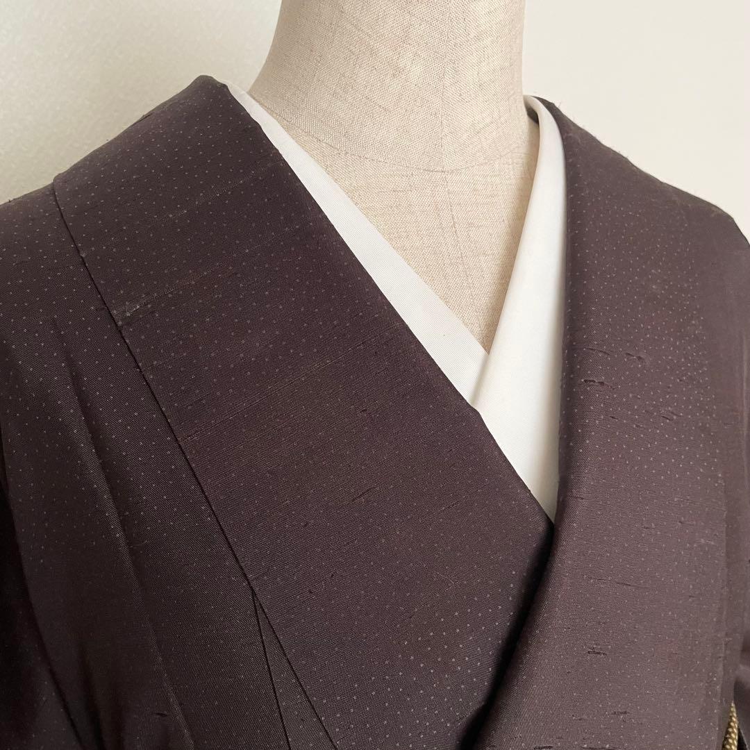 深茶ドット牛首紬 正絹小紋着物