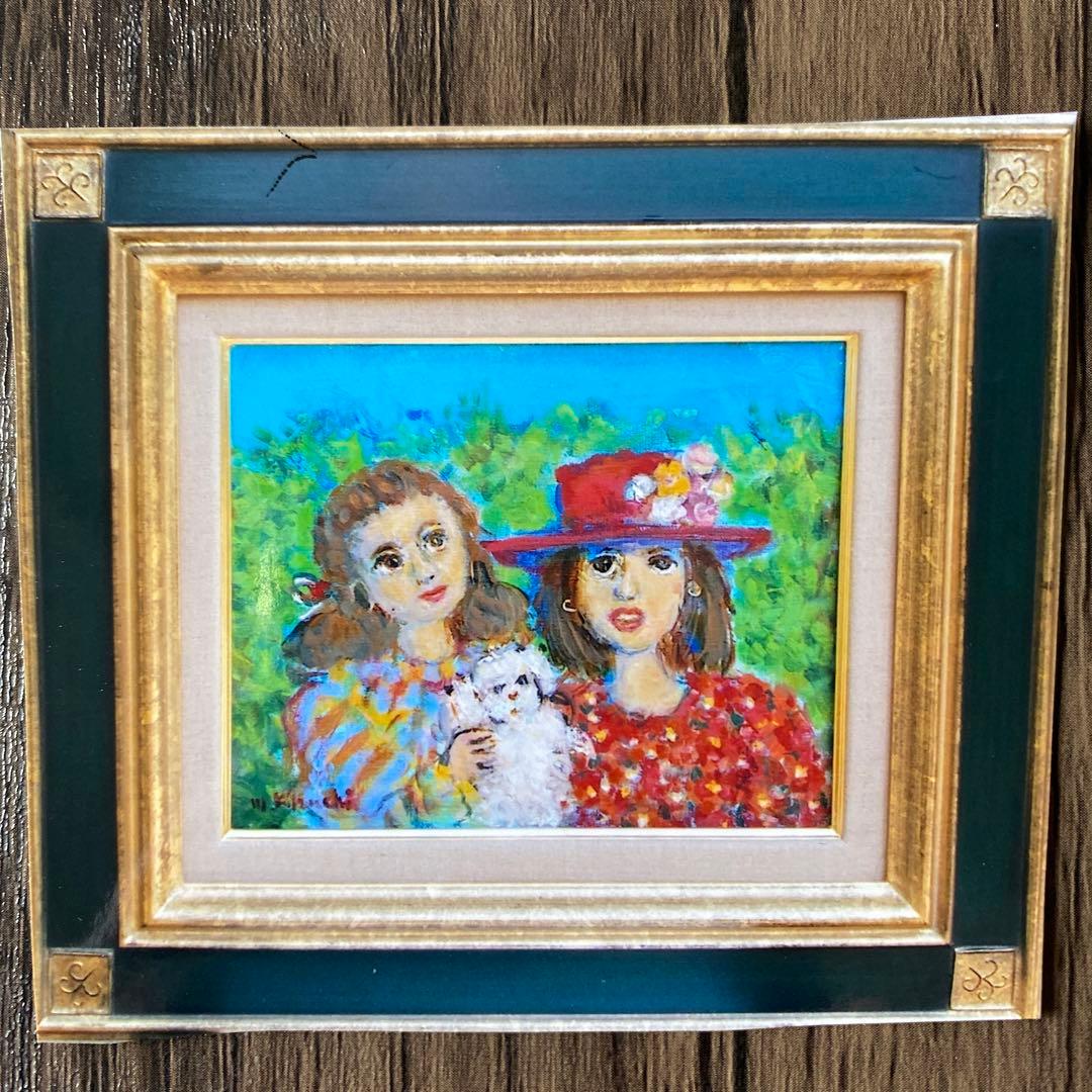 絵画　油絵　油彩画　菊地正則　F3号　「仲良し二人」美品　額付き　サイン　アート